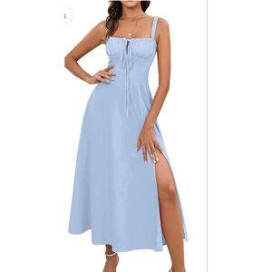Parthea Light Blue Corset Back Maxi Dress with Side Slit | Tie Front | Size L